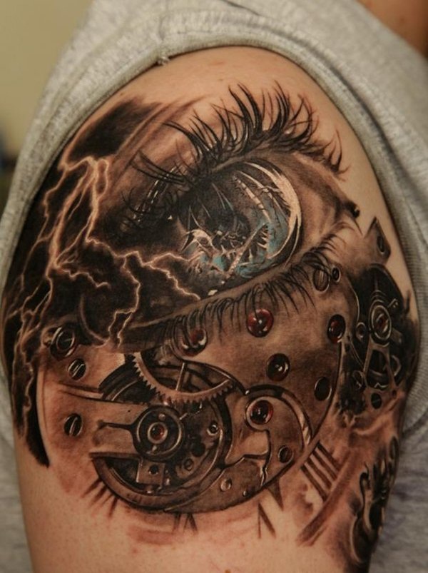 Clock Tattoo Paired with Eye and Cloud Pieces