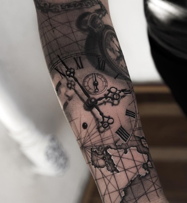 Clock Tattoo with GPS Coordinates Map Background