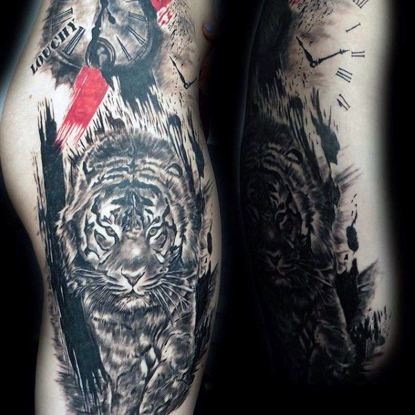 Clock and Lion Upper Thigh Tattoo for Men