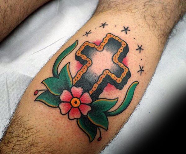Colorful Cross and Floral Tattoo