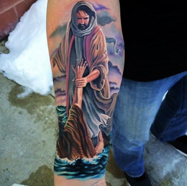 Colorful Detailed Tattoo of Jesus Walking on Water