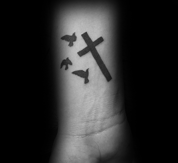 Cross and Three Doves Wrist Tattoo