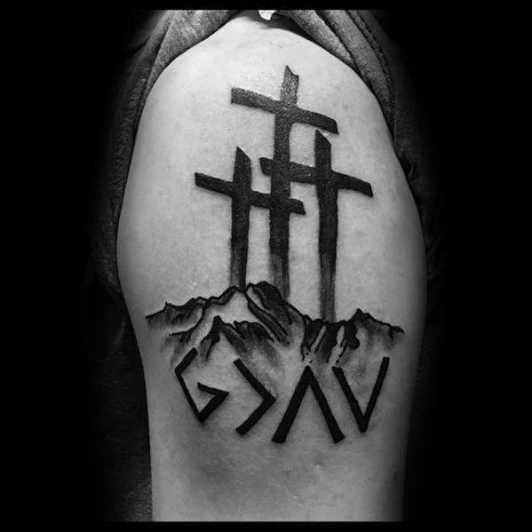 Crosses on Calvary Hill with God Is Greater Symbol Tattoo
