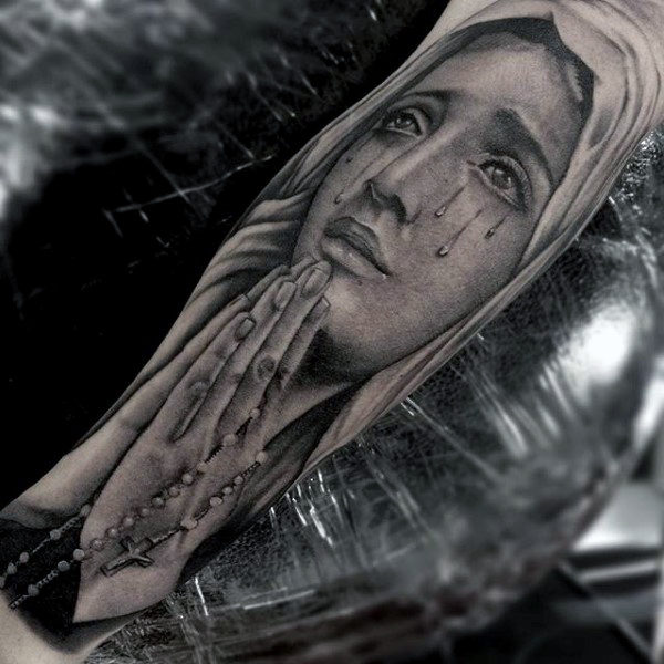Crying Mother Mary Tattoo on Forearm