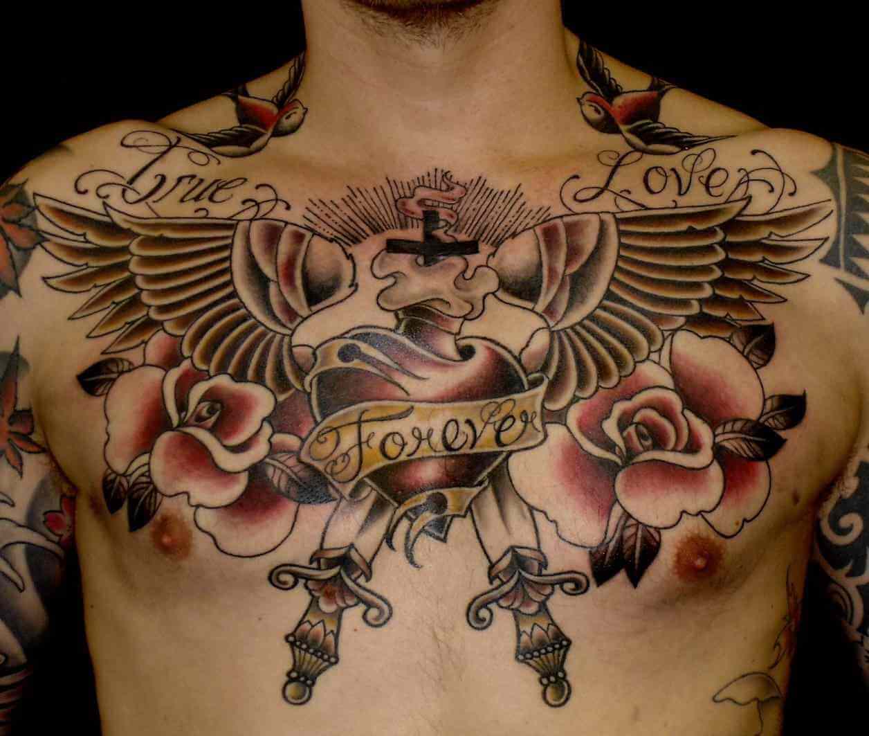 Dagger, Rose, and Wings Chest Tattoo with Cross in the Middle
