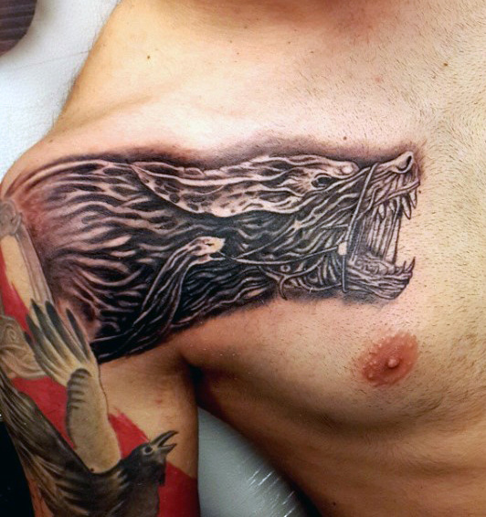 Detailed Wolf Chest Tattoo