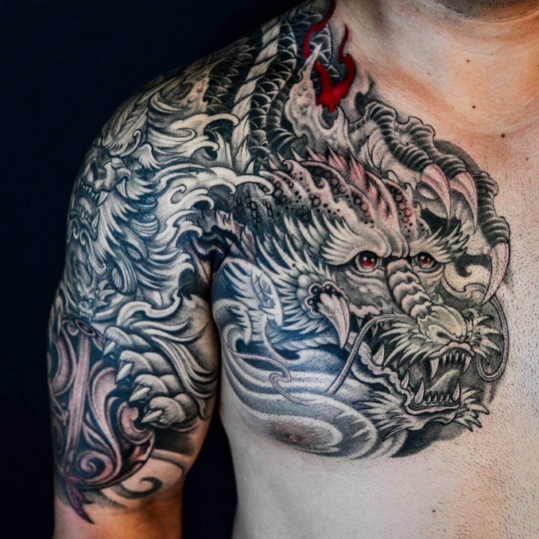 Elaborate Dragon Chest and Shoulder Tattoo