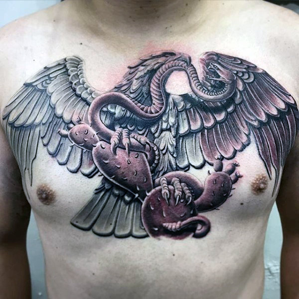 Feathered Serpent and Bird Chest Tattoo
