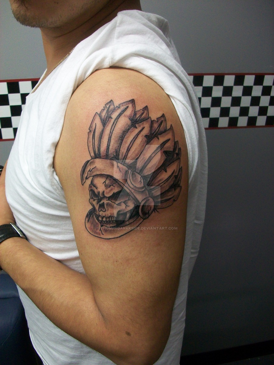 Feathered Skull Aztec Shoulder Tattoo