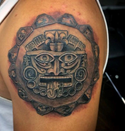 Fine Line Aztec Sun Shoulder Tattoo