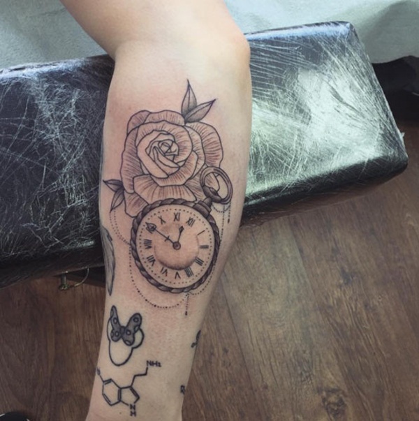 Fine Line Clock and Rose Arm Tattoo
