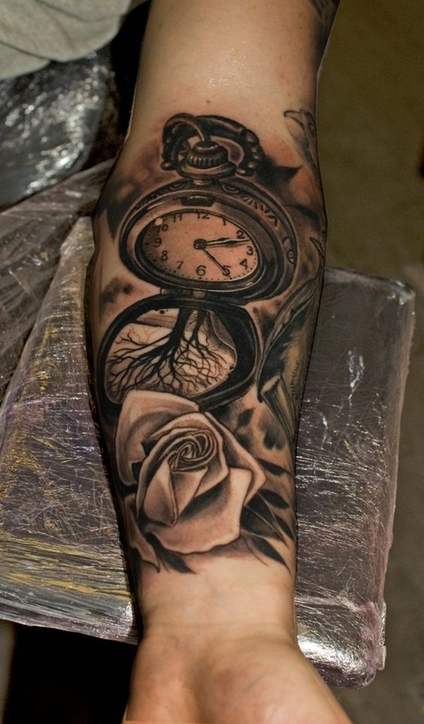 Forearm Clock, Tree, and Rose Tattoo