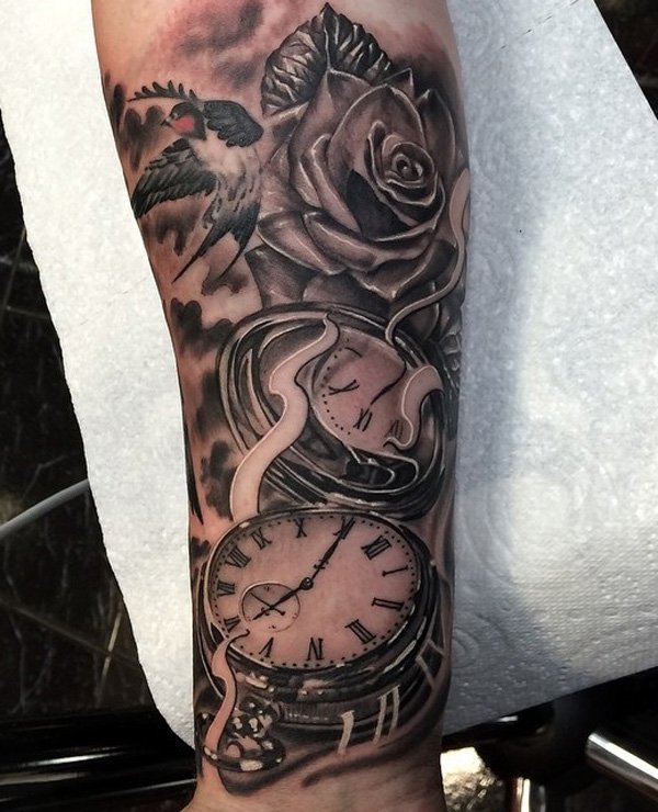 Forearm Reflecting Clock Tattoo