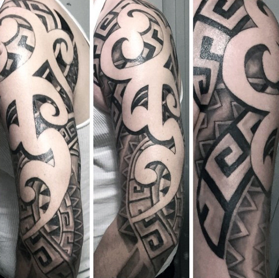 Full Arm Aztec Ramshorn Tattoo
