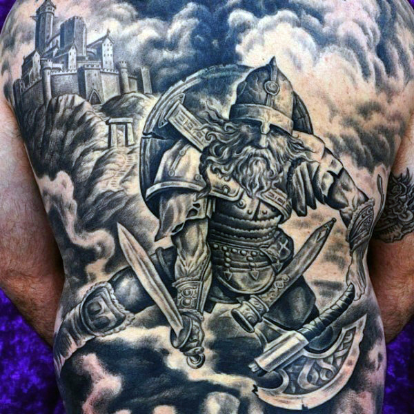 Full On Back Piece with Nordic Castles and Clouds