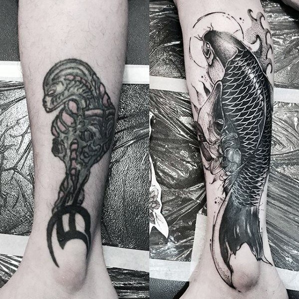 Koi Fish Cover Up Calf Tattoo