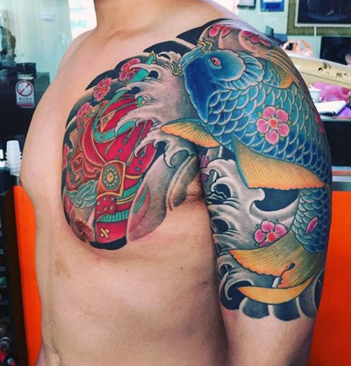 Koi Fish Shoulder and Chest Tattoo