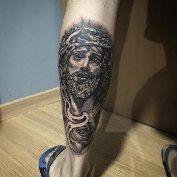 Lower Calf Jesus Tattoo