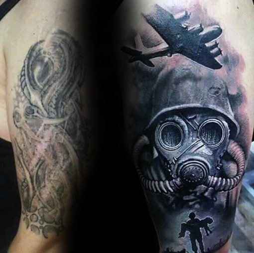 Masked Man and Aircraft Tattoo