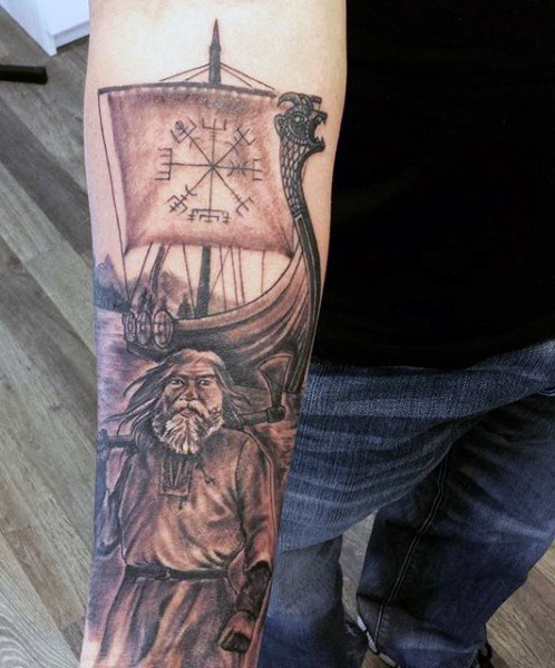Nordic God with Ship and Sails Tattoo