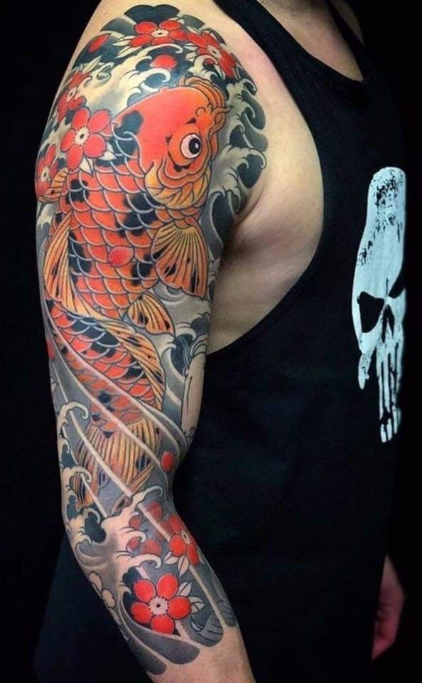 Orange Koi and Flower Arm Tattoos