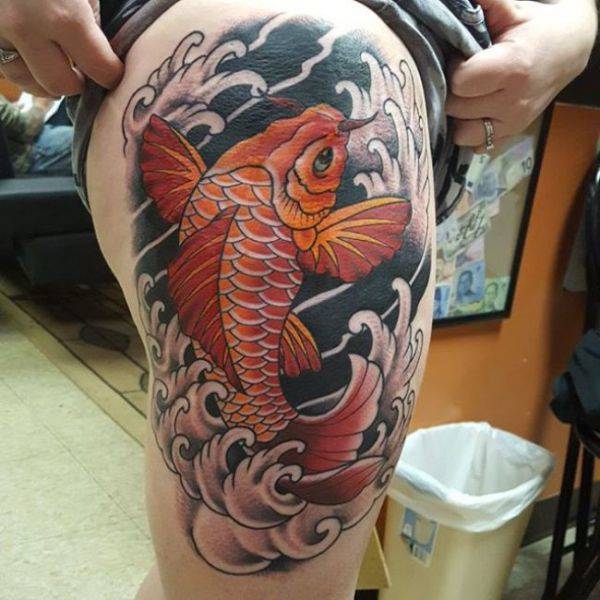 Outer Thigh Koi Fish Tattoo