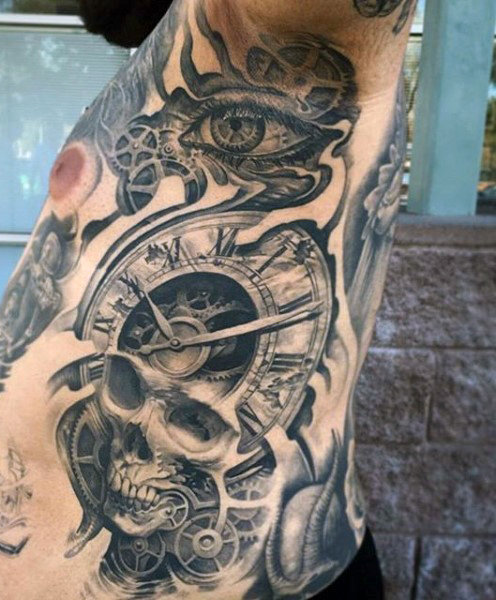 Part Skull Part Clock Tattoo For Men