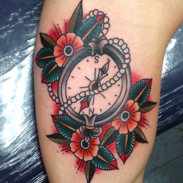 Pearl Clock Tattoo with Three Flowers