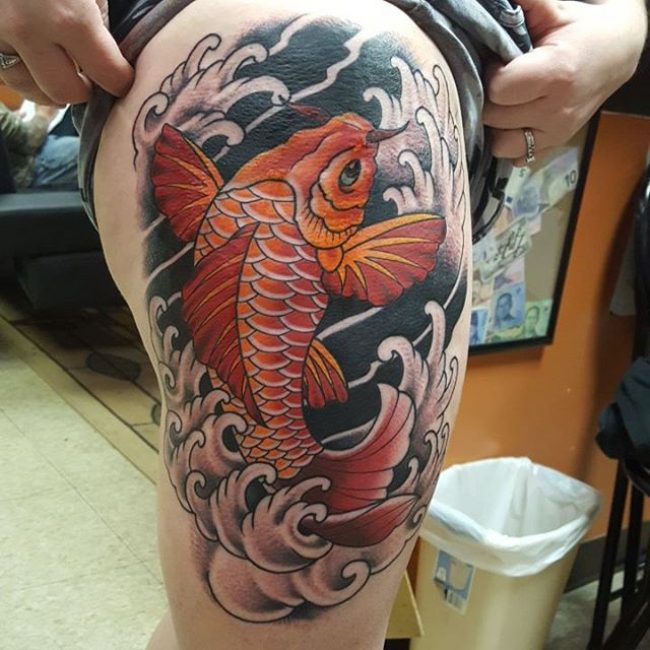 Red and Orange Koi Fish Shoulder Tattoo