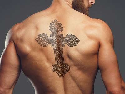 Religious Cross Back Tattoo Idea for Men