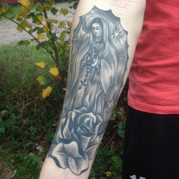 Religious Forearm Tattoo of Mary and Roses