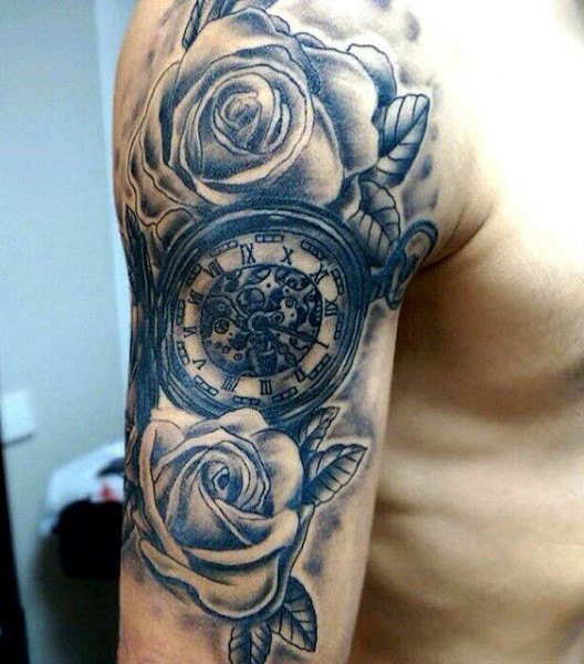 Rose and Compass Clock Tattoo