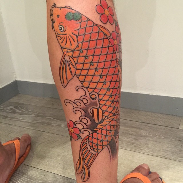 Scaly Orange Koi Fish Calf Tattoo