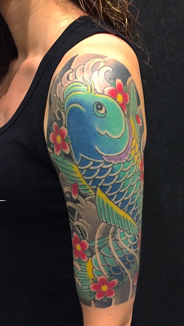 Shoulder Blue Koi Fish Tattoo Idea