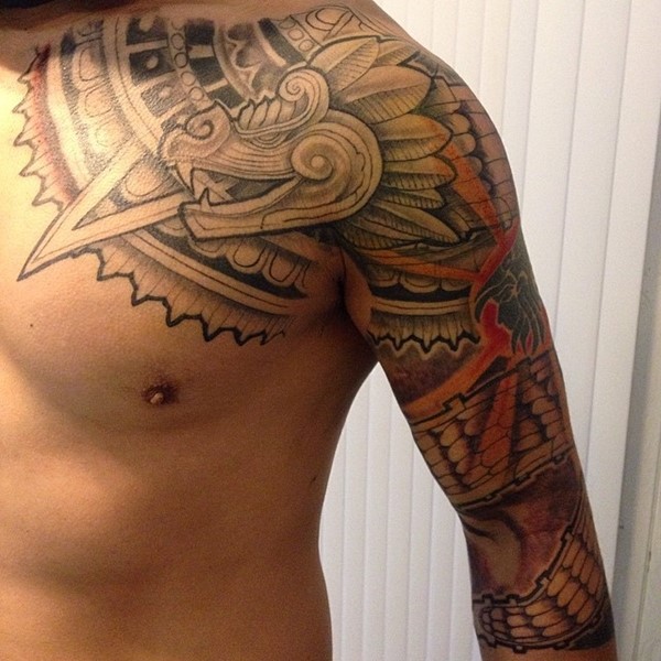 Shoulder and Sleeve Feathered Serpent Tattoo