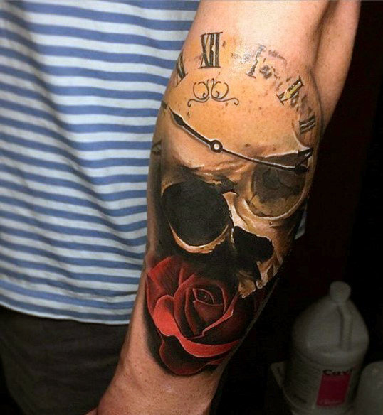 Skeleton with Clock Skull Tattoo