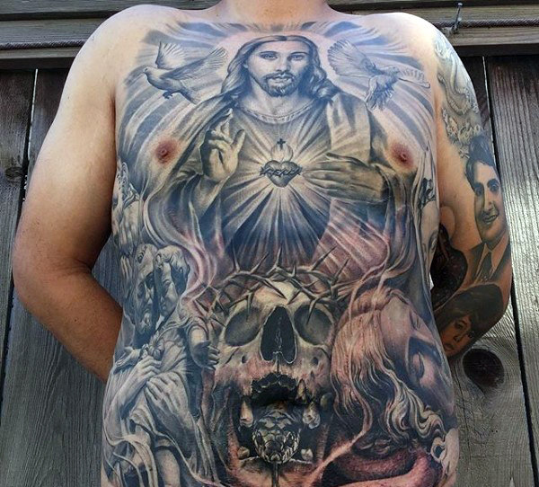 Sternum Tattoo of Jesus Surrounded by Halo Light Beams
