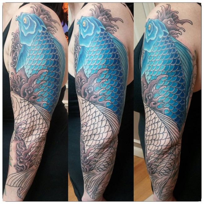 Symbolic Grid Koi Fish Tattoo Idea for Men