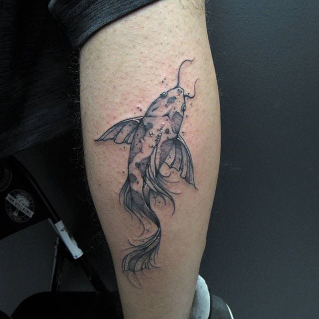 Thin Lines Koi Fish Calf Tattoo