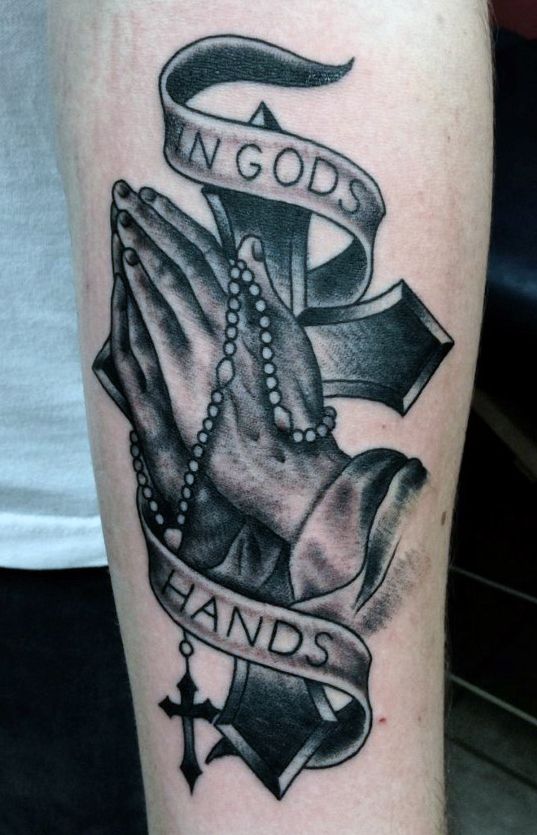 Traditional Black and White In God Hands Tattoo