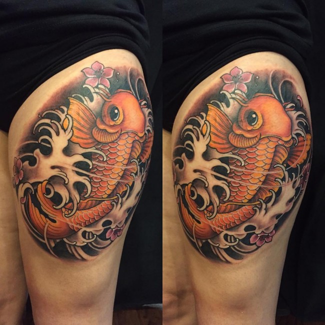 Upper Thigh Orange Koi Fish Leg Tattoo