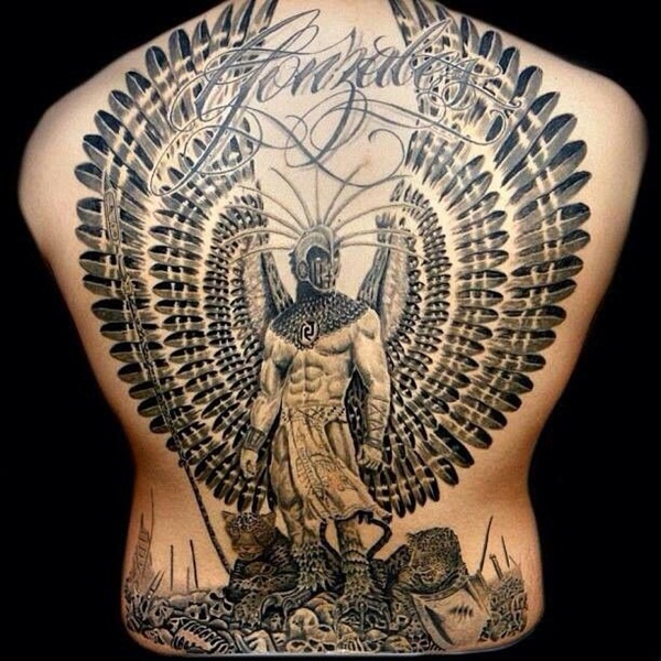 Warrior Surrounded Feathered Wings Memorial Tattoo