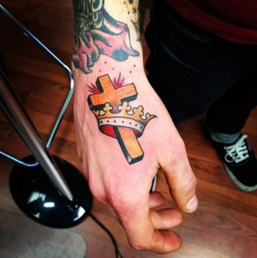 Yellow and Red Cross with Crown Hand Tattoo