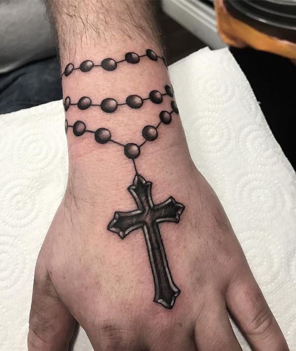 Around the Wrist Rosary Beads Hand Tattoo