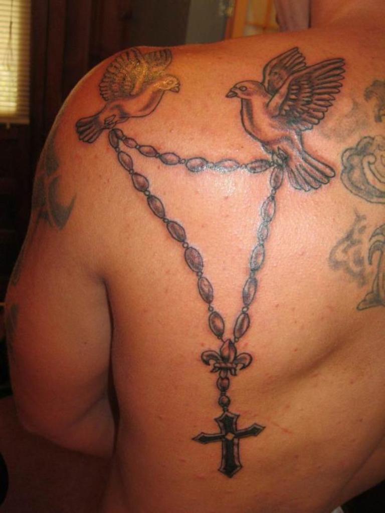Back of the Shoulder Beaded Rosary Tattoo