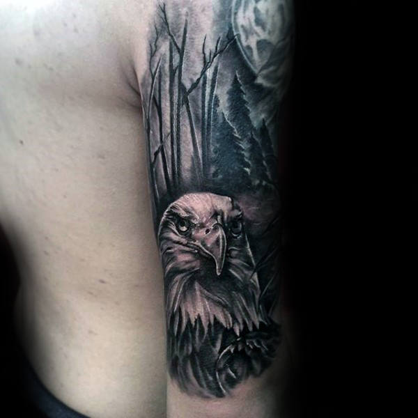 Bald Eagle Tattoo in a Dark Forest on Your Forearm