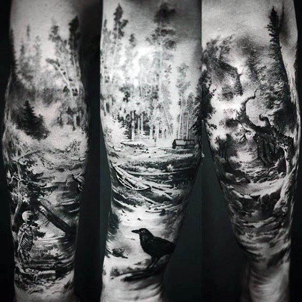 Black Crow and Fallen Tree Forest Tattoo for Men