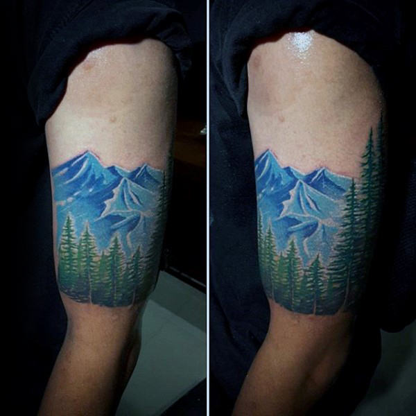 Bright Blue Mountain and Green Trees Forest Tattoo Design