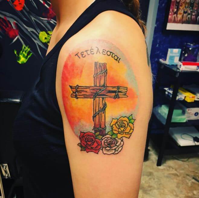 Bright Colorful Cross and Flower Tattoo Design