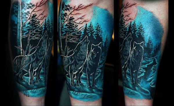 Bright Teal Howling Wolf Tattoo Idea for Men